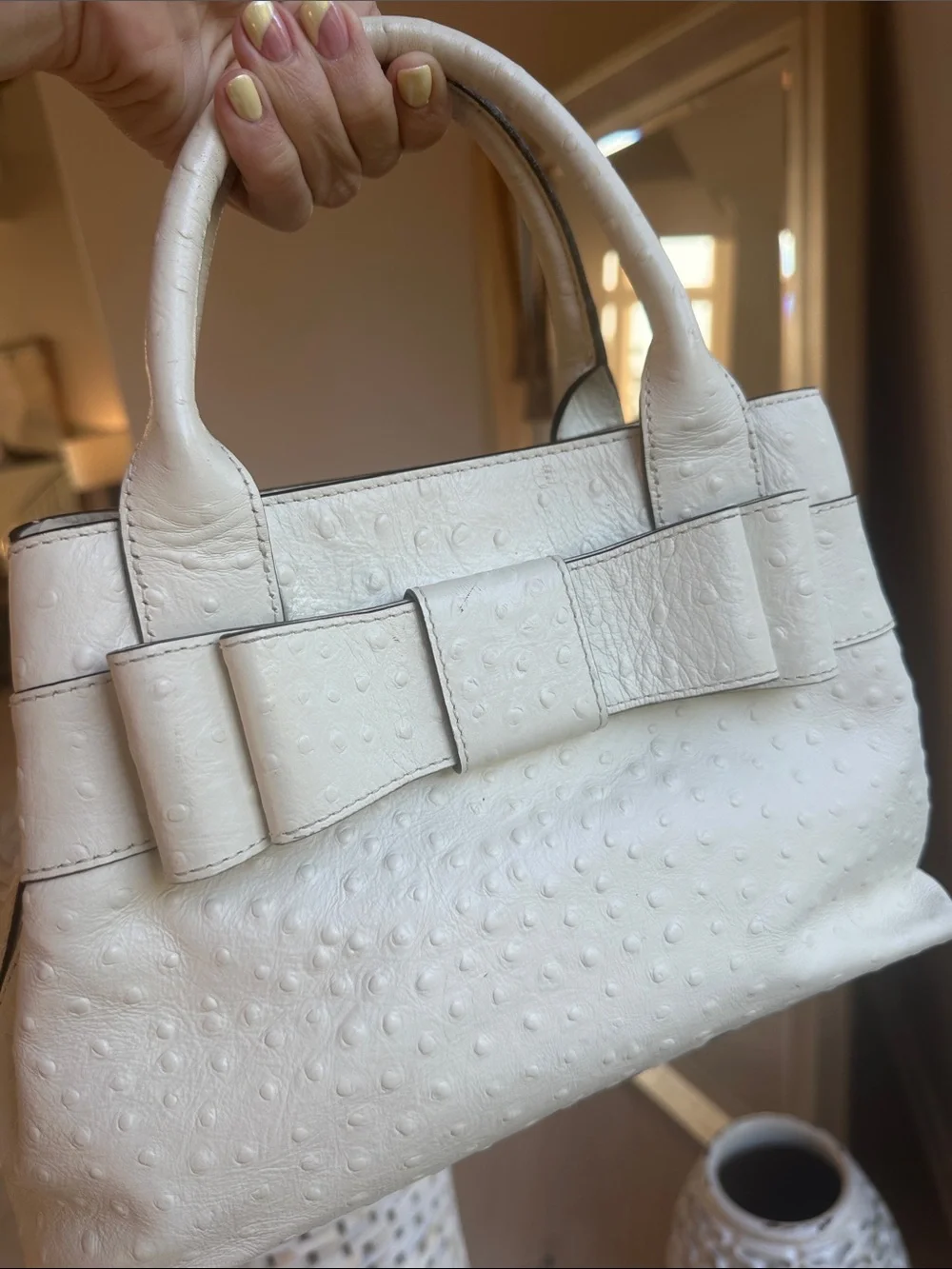kate spade Cream Ostrich-Embossed Leather Satchel with Removable Strap - Picture 2 of 11